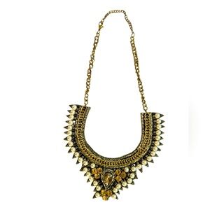 Women’s Gold, Silver, And Bronze 11.5 Inch Regal Statement Necklace With Pearls.